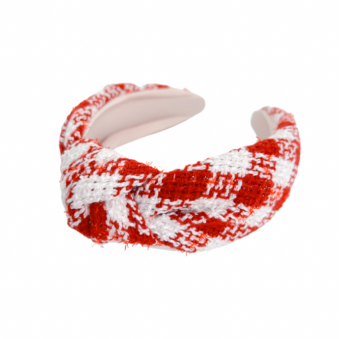 Knotted Plaid Headband - Red and White